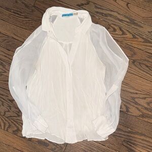 Alice + Olivia Open Shoulder Sheer White Button Down Shirt